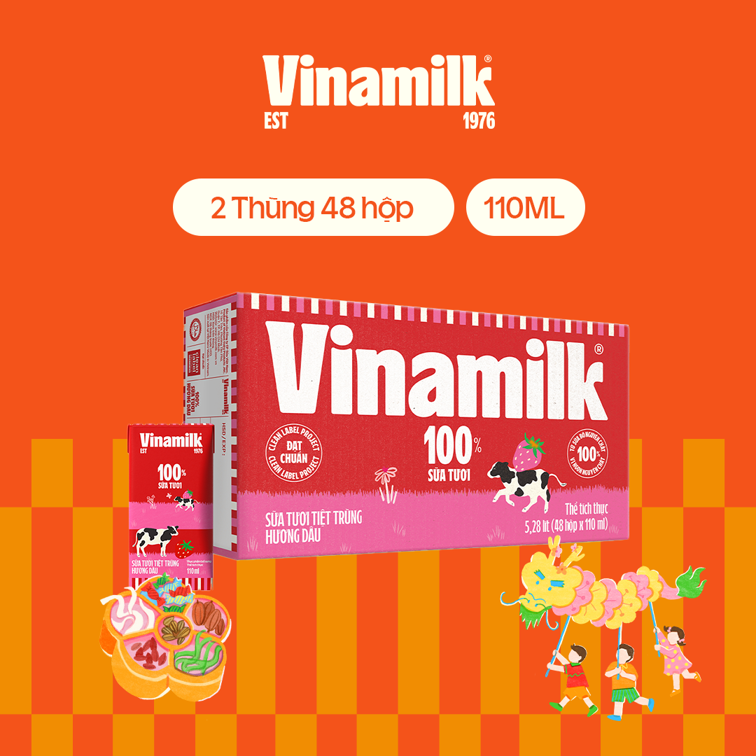 2 Thùng sữa tươi tiệt trùng Vinamilk 100% Hương Dâu 110ml 48 hộp/thùng