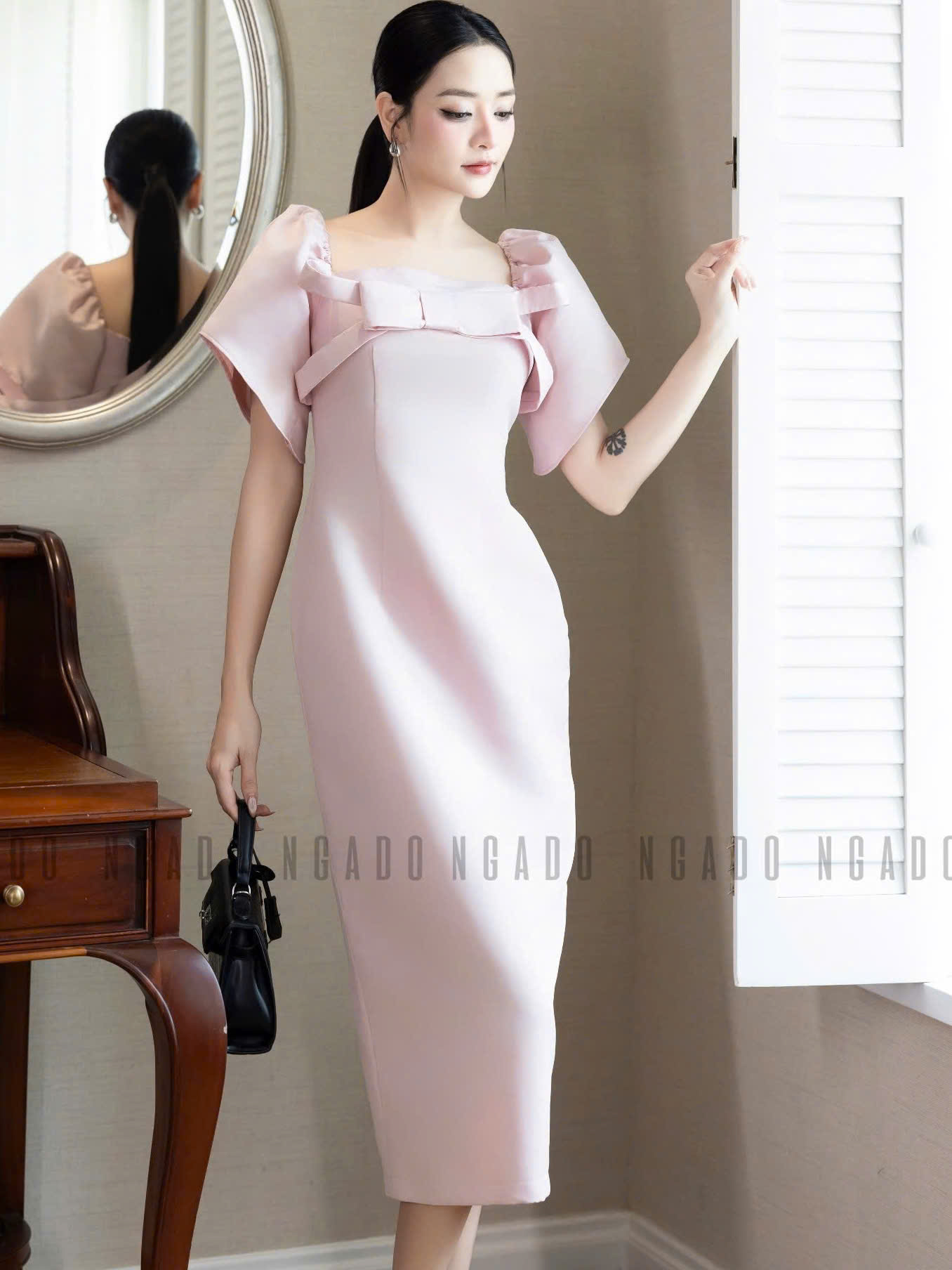 Đầm hồng cổ vuông tay phồng NGADO  đầm dự tiệc  đầm sang trọng