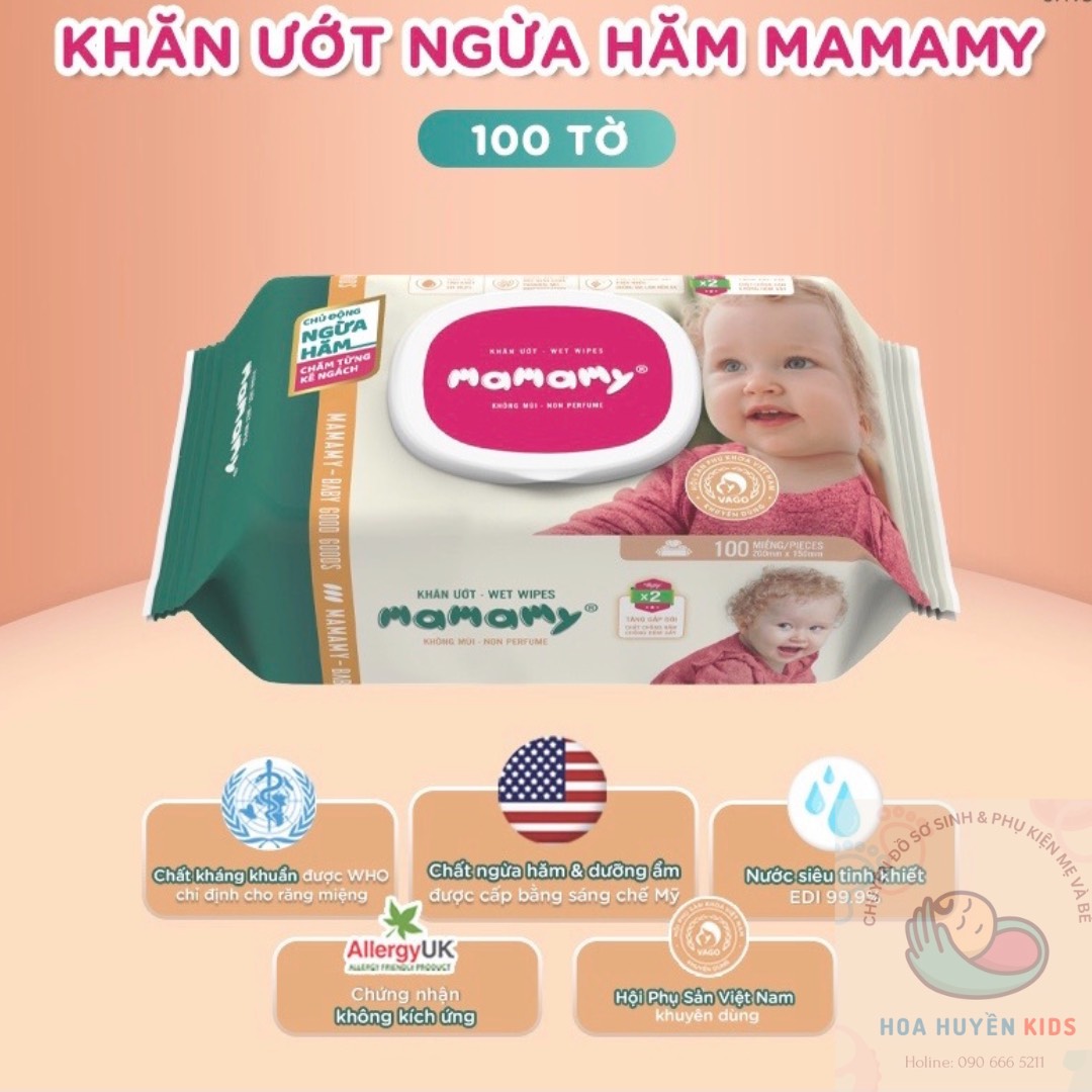 Khăn giấy ướt 100 tờ có nắp chủ động ngừa hăm/x2 chất ngừa hăm Mamamy Không mùi/Mùi dịu nhẹ an toàn cho bé