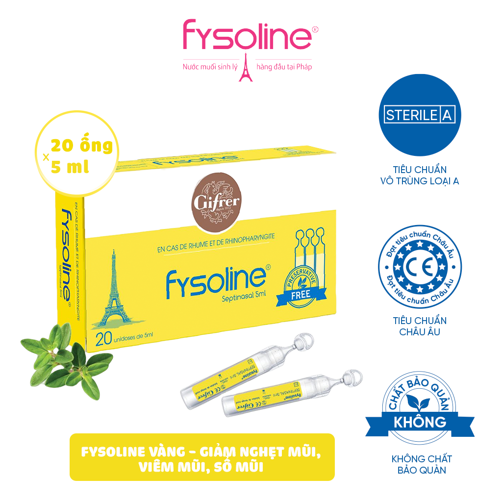Nước Muối Sinh Lý Kháng Khuẩn Pháp FYSOLINE 20 Ống x 5ml Hỗ Trợ Giảm Viêm Mũi Sổ Mũi