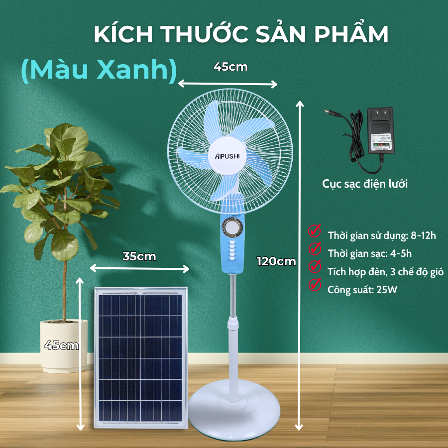 Quạt Năng lượng mặt trời Apushi - Quạt tích điện cao cấp 3 tốc độ gió mạnh như điện lưới, tiết kiệm 