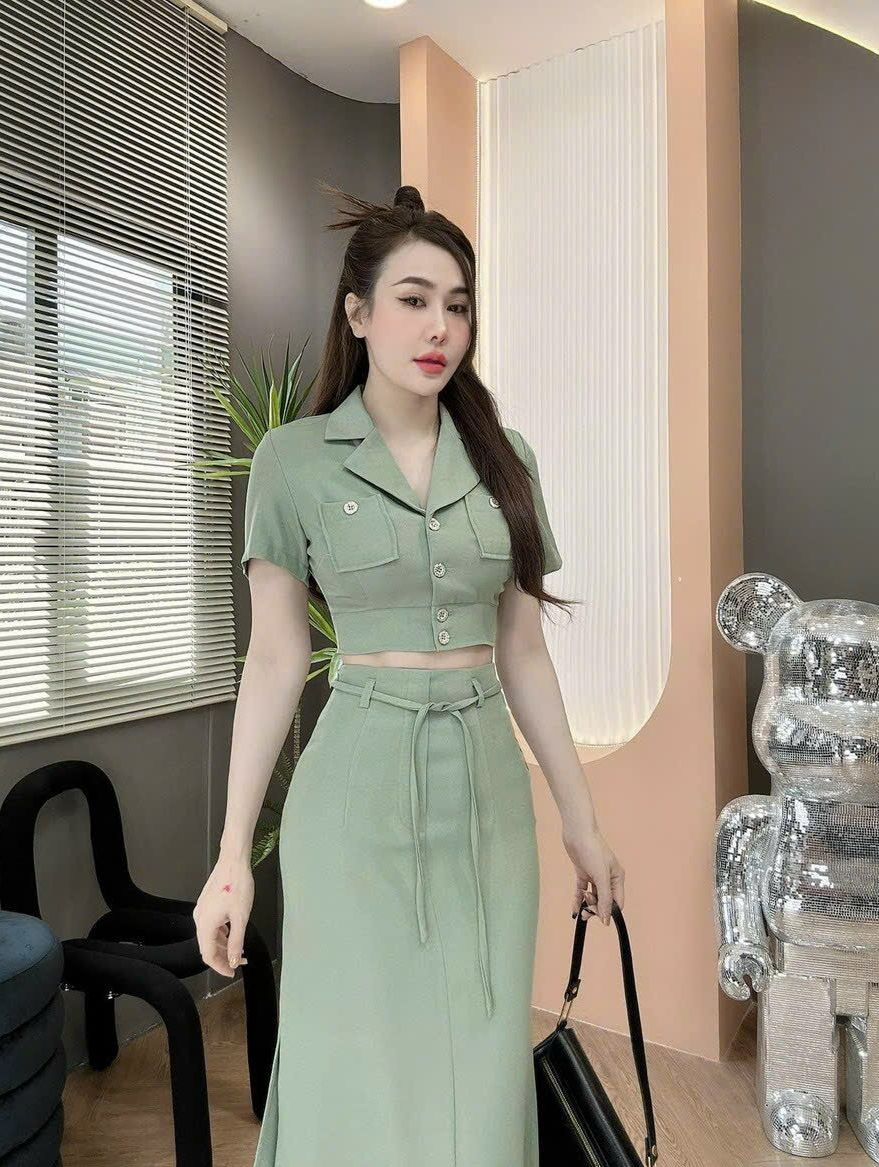 Set công sở sang chảnh áo croptop tay ngắn mix chân váy maxi cột dây eo set váy đi tiệc thời trang Hàn Quốc thanh lịch