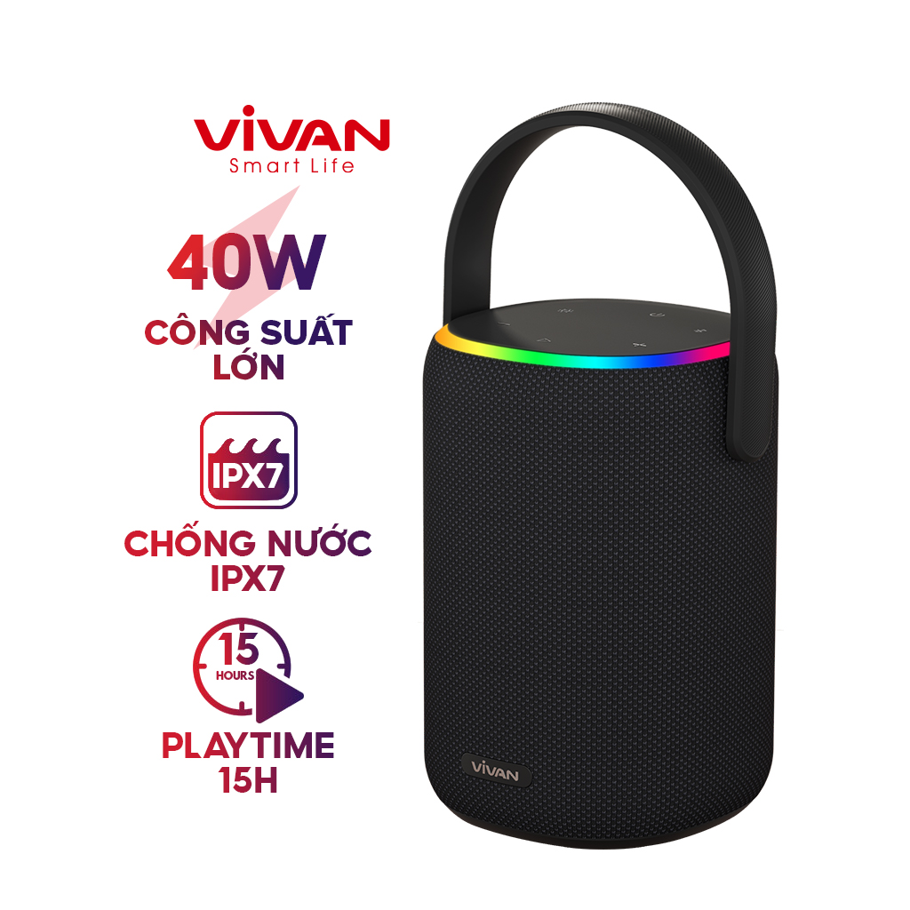 Loa Bluetooth VIVAN VS50 Hi-Fi Công Suất lớn 40W-- Chống Nước IPX7 6 Hiệu ứng đèn LED  thông minh du