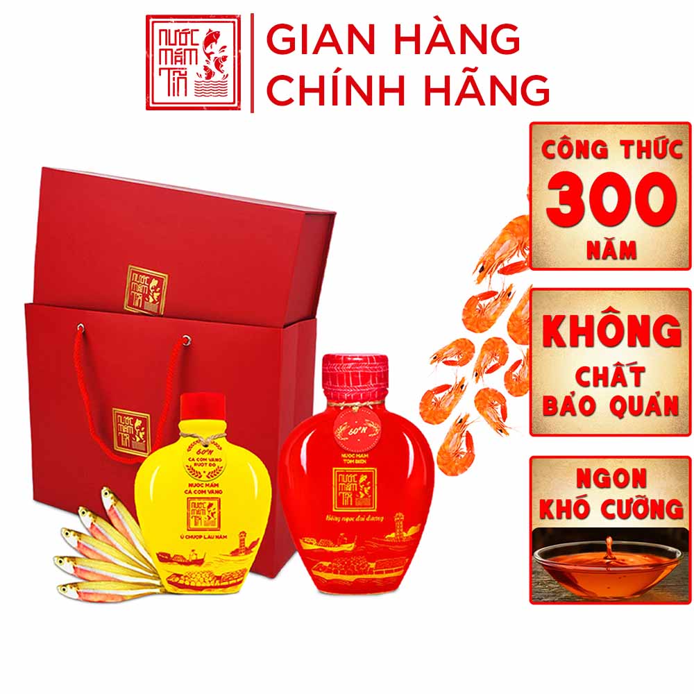 Hộp quà nước mắm đậm đà tình thân nước mắm tôm biển bình gốm đỏ 60N và cá cơm ruột đỏ bình gốm vàng
