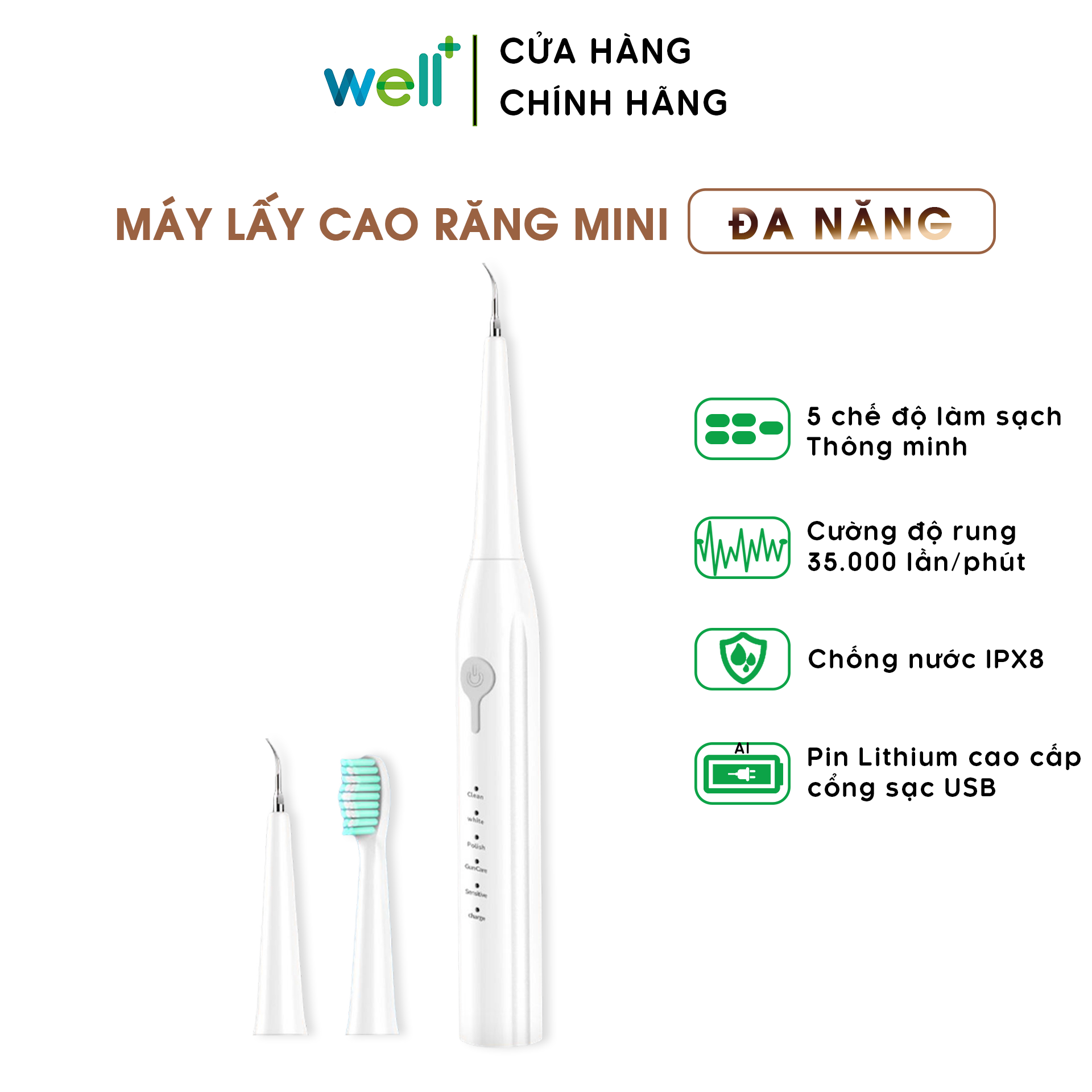 Máy Lấy Cao Răng Cầm Tay Mini Đa Năng Kết Hợp Bàn Chải Điện 5 Chế Độ Làm Sạch Thông Minh