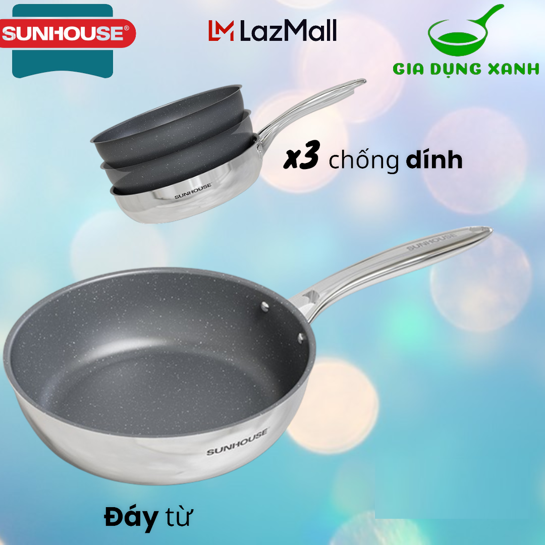 Chảo inox nguyên khối đáy từ SUNHOUSE DE20M 20cm kết cấu Inox 2 lớp nguyên khối 3 lớp vân đá