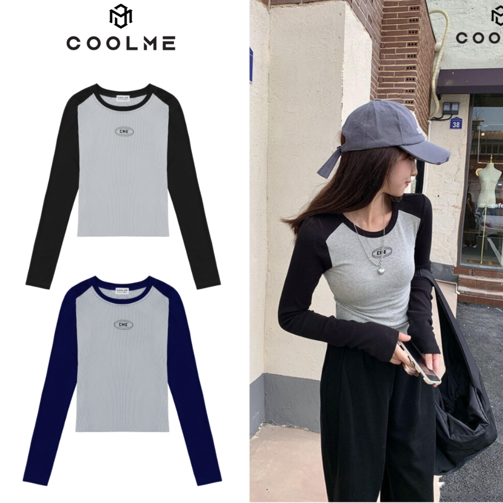 Áo thun ôm body phong cách Hàn Quốc croptop tay dài cổ tròn kiểu phối màu chất cotton cao cấp - Cool