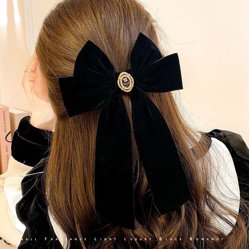Phụ kiện tóc Doudou Kẹp tóc Kẹp nơ to màu đen sang chảnh vải nhung cao cấp hoa trà tiểu thư thời trang Hàn Quốc FJ018