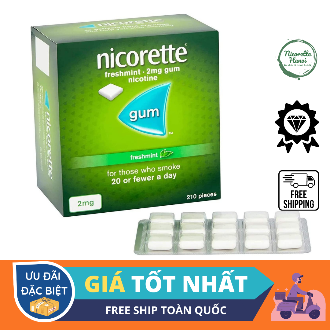 Kẹo gum Nicorette 2mg-210v cai thuốc_lá hiệu quả-Nicorette gum 2 mg Fresh Mint Nicotine Gum Fast Cra
