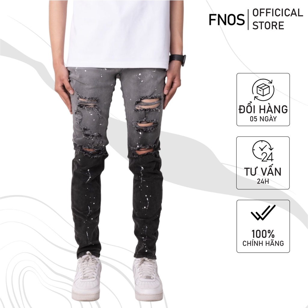 Quần jean nam streetwear cao cấp FNOS NZ33 màu đen vẩy sơn form slimfit jean thun co giãn