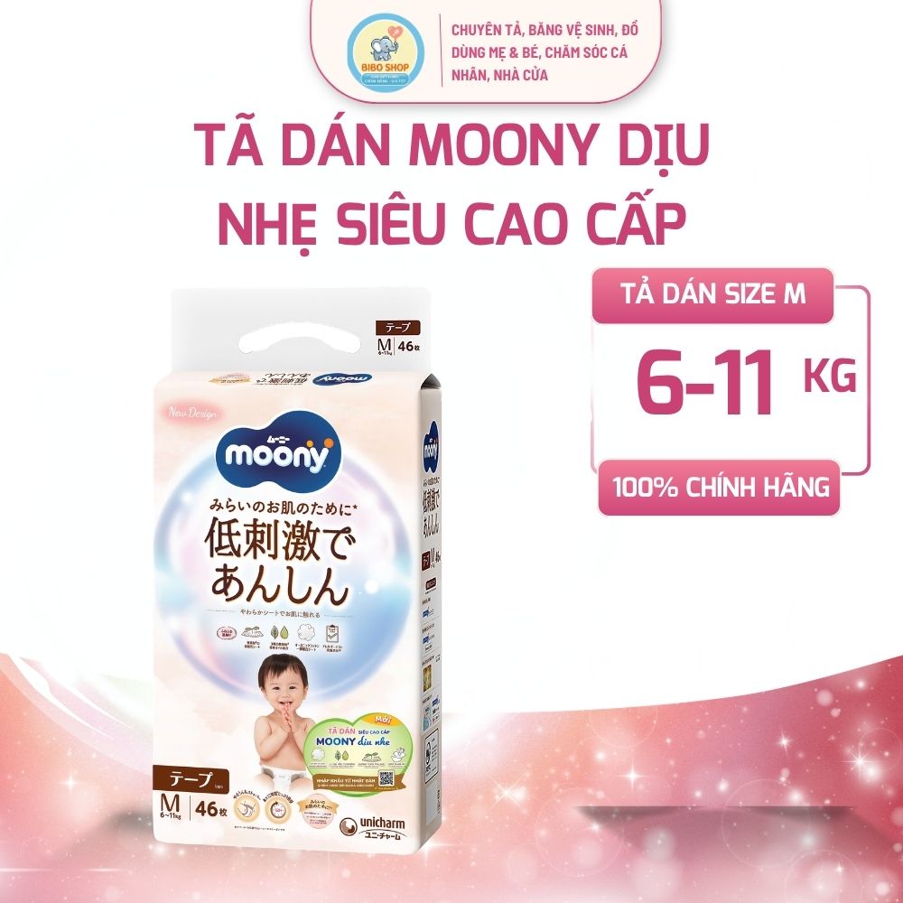 Tã dán Moony ( TRẮNG) Dịu Nhẹ siêu cao cấp NB62+4/S58+2/M46/L38