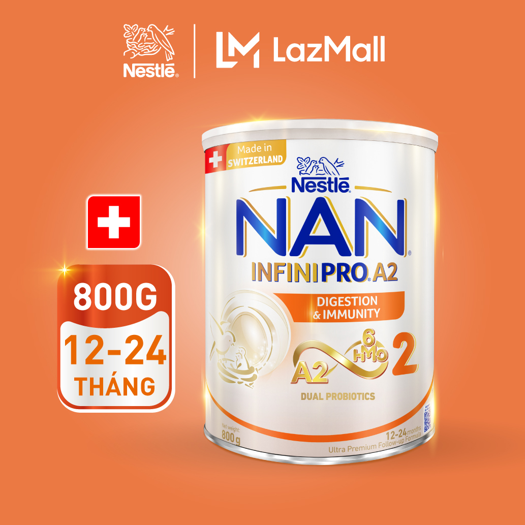 Sữa bột Nestle NAN INFINIPRO A2 bước 2 800g nhập khẩu Thụy Sĩ với công thức đầu tiên chứa đạm A2 6HMO & Lợi khuẩn kép cho bé 12-24 tháng