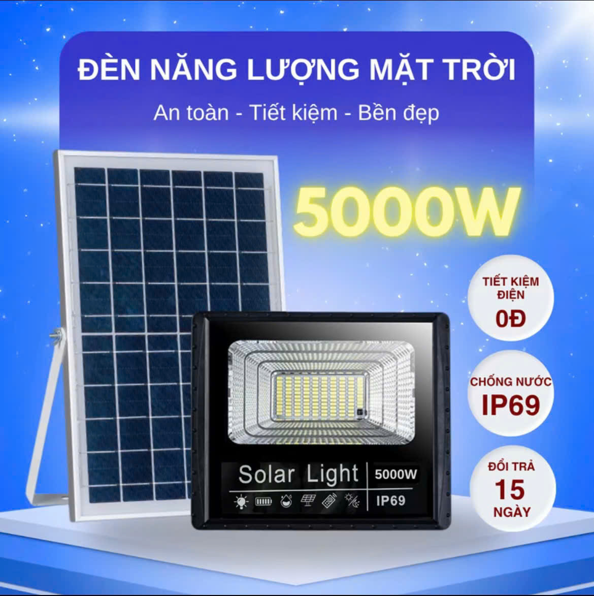 Đèn Led Năng Lượng Mặt Trời Solar Light 5000W - Siêu Sáng Chống Nước-IP 69-Tiết Kiệm Điện Năng-Lắp đặt dễ dàng đơn giản...