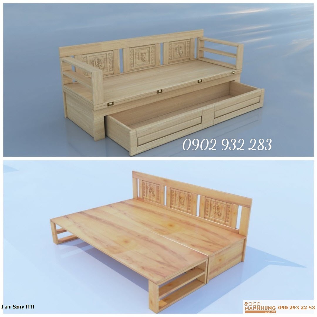 Sofa giường - giường gấp thành ghế gỗ sồi .hộc kéo lớn  - Đồ Gỗ Mạnh Hùng