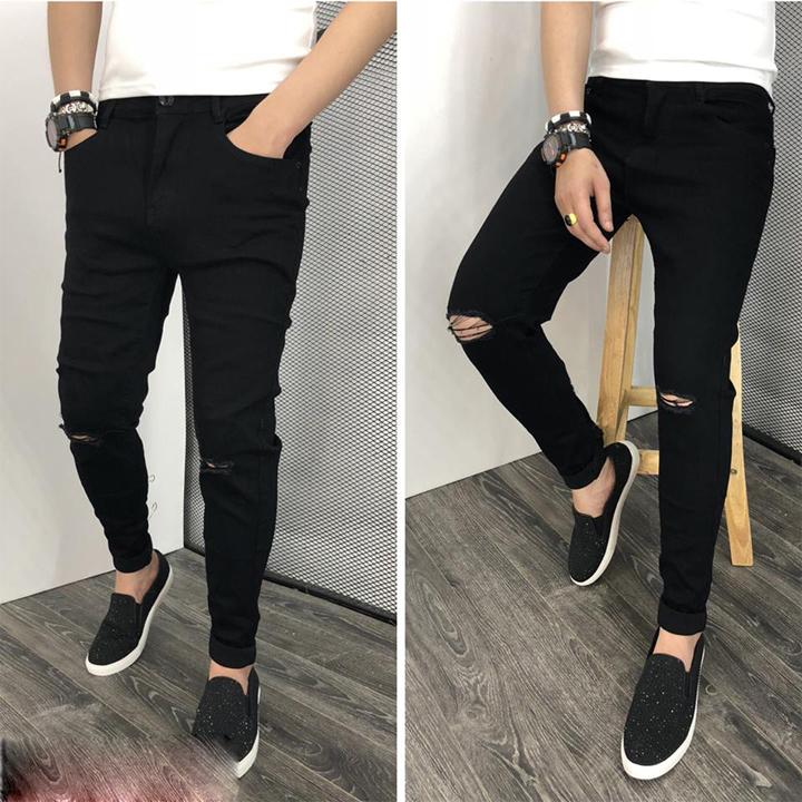 Quần Jean Nam Trơn Đen Bó Gấu Ống Côn