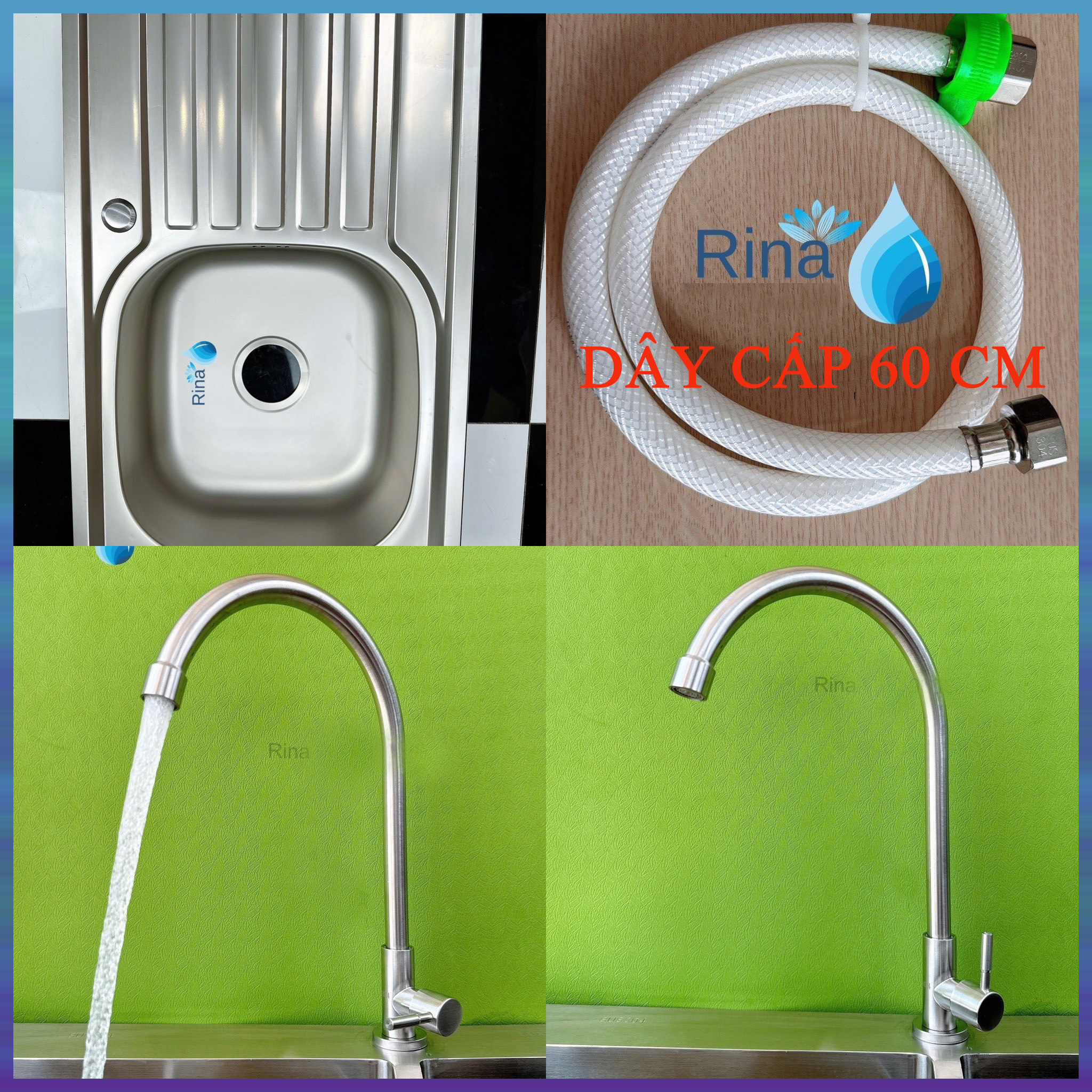Bồn Rửa Chén Bát Inox 1 Hộc 1 Cánh Rina C08 KT 75x45cm Chậu Rửa Chén Inox 1 hố Kèm Vòi Rửa Chén Lạnh