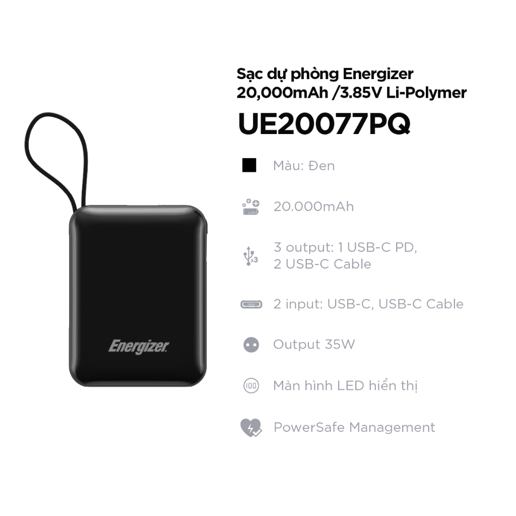 Pin sạc dự phòng Energizer 20000mAh/ 3.7V/ 22.5W - hỗ trợ sạc nhanh PD 3 cổng outputs - Hàng chính h