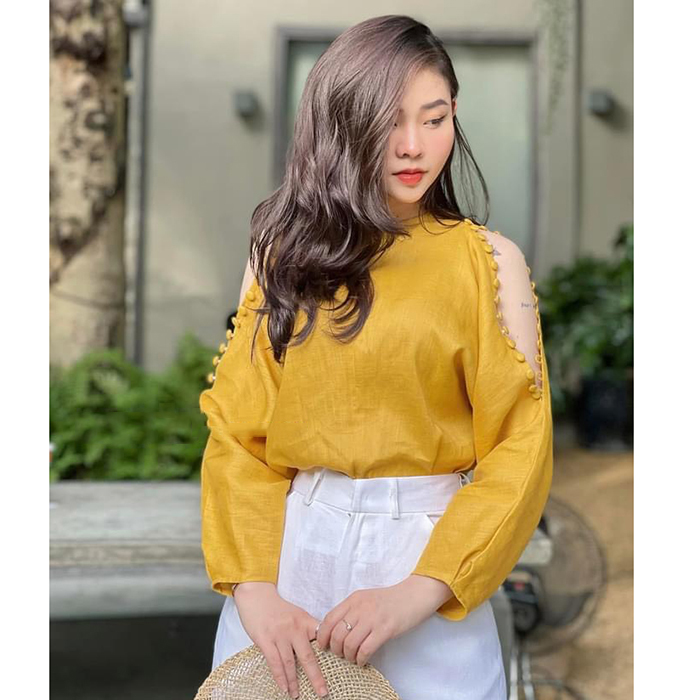 Áo Kiểu nữ Linen thô Hàn cổ neo dài tay hở vai trẻ trung chất vải Linen nhập Hàn mềm mát thích hợp đi chơi giã ngoại