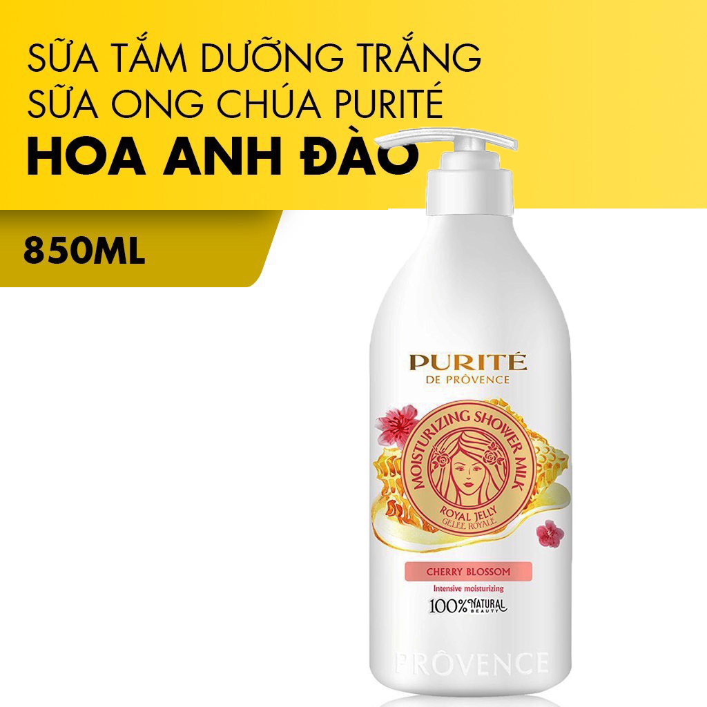 Sữa Tắm Dưỡng Trắng Da Purité Sữa Ong Chúa Hương Hoa Anh Đào 850Ml - Tặng Kèm Quà Tặng Ngẫu Nhiên