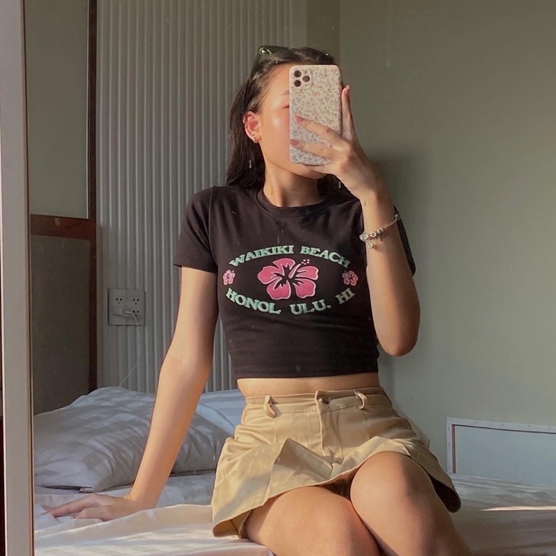 Áo croptop Waikiki Beach đen tay ngắn AUGETY.ST