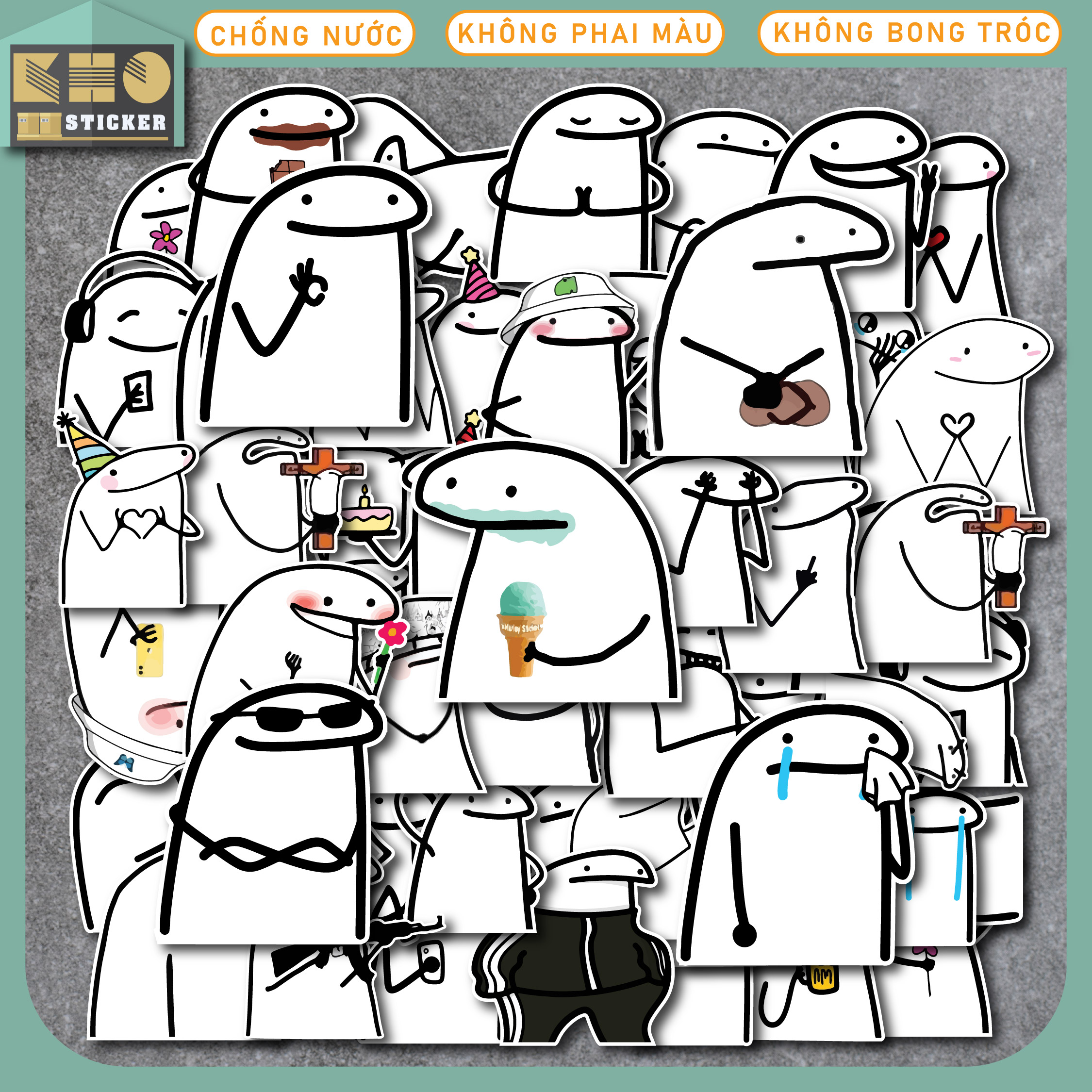 Combo 50 Sticker Flork Meme chống nước sticker dán laptop điện thoại đàn guitar mũ bảo hiểm vali. MS