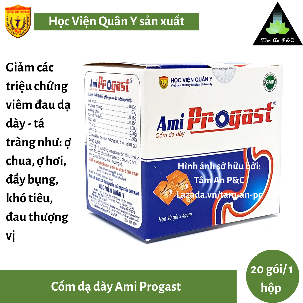 Cốm dạ dày Ami Progast Học Viện Quân Y (hộp 20 gói)- Giảm viêm loét dạ dày tá tràng ợ chua ợ hơi rối loạn tiêu hoá- CHÍNH HÃNG HỌC VIỆN QUÂN Y