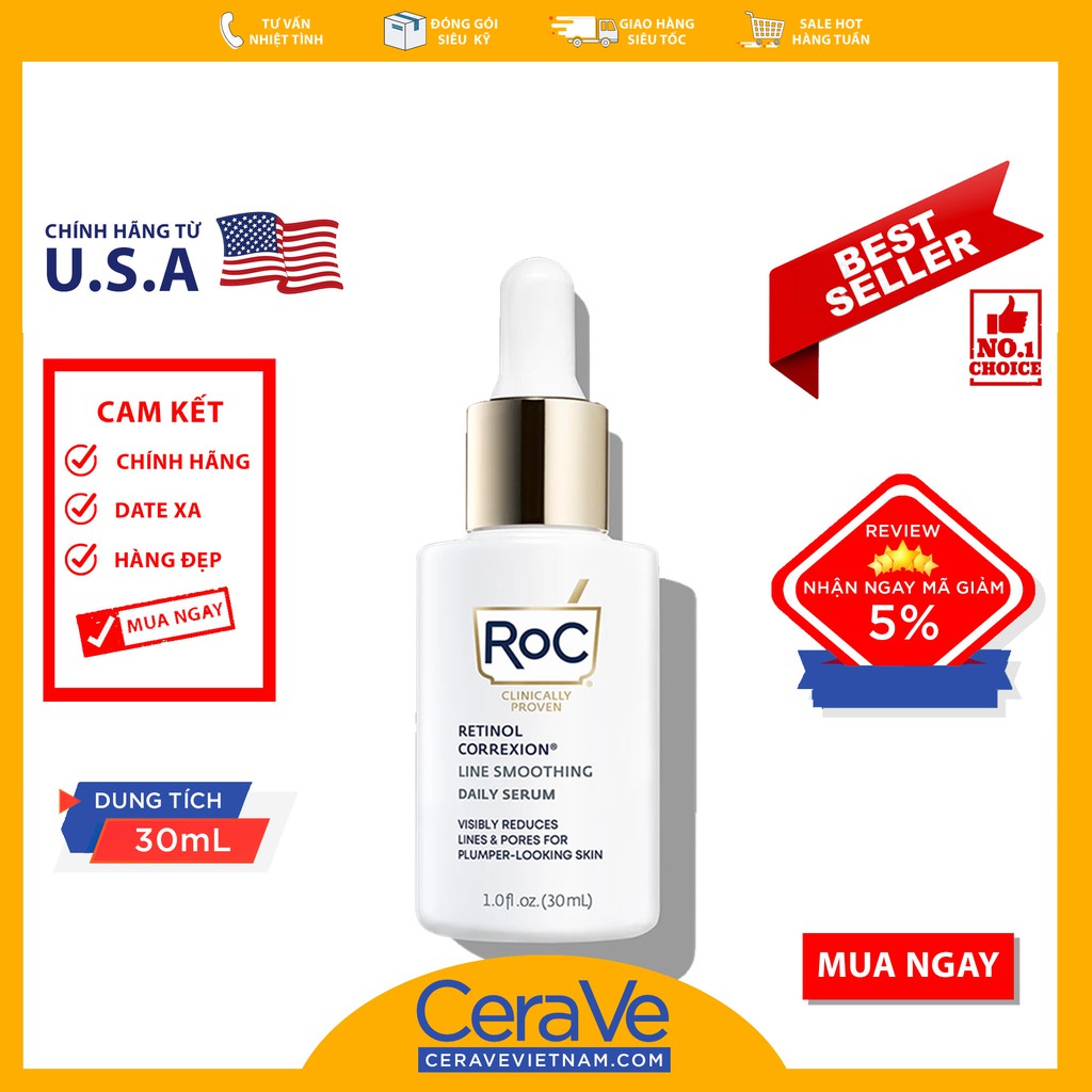 [Hcm]Roc Retinol Correxion Line Smoothing Daily Serum - Tinh Chất Thu Nhỏ Lỗ Chân Lông (30Ml)