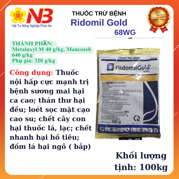 Thuốc trừ bệnh Ridomil Gold gói nhỏ 100gr_ RidomilGold 68WG 100g _(Metalaxyl M 40g/kg+ Mancozeb 640g