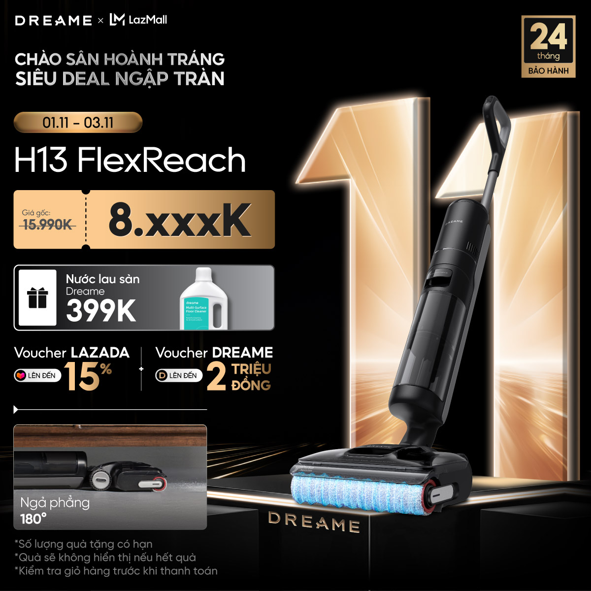 Máy hút bụi lau sàn khô & ướt Dreame H13 FlexReach/ H12 FlexReach/ H13 Dual FlexReach - Bảo hành 24