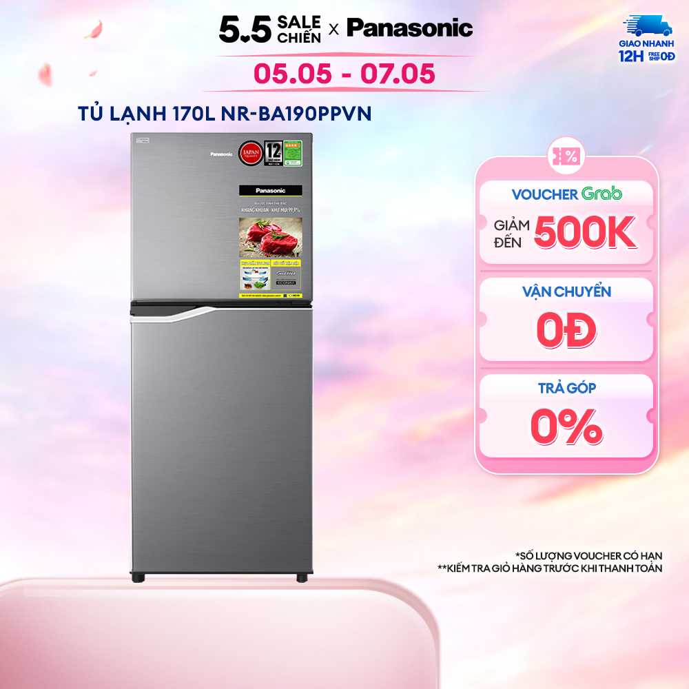 [Trả góp 0%] Tủ lạnh Panasonic Inverter 170 lít NR-BA190PPVN  - Kháng khuẩn tinh thể bạc Ag+ - Bảo hành chính hãng 24 tháng