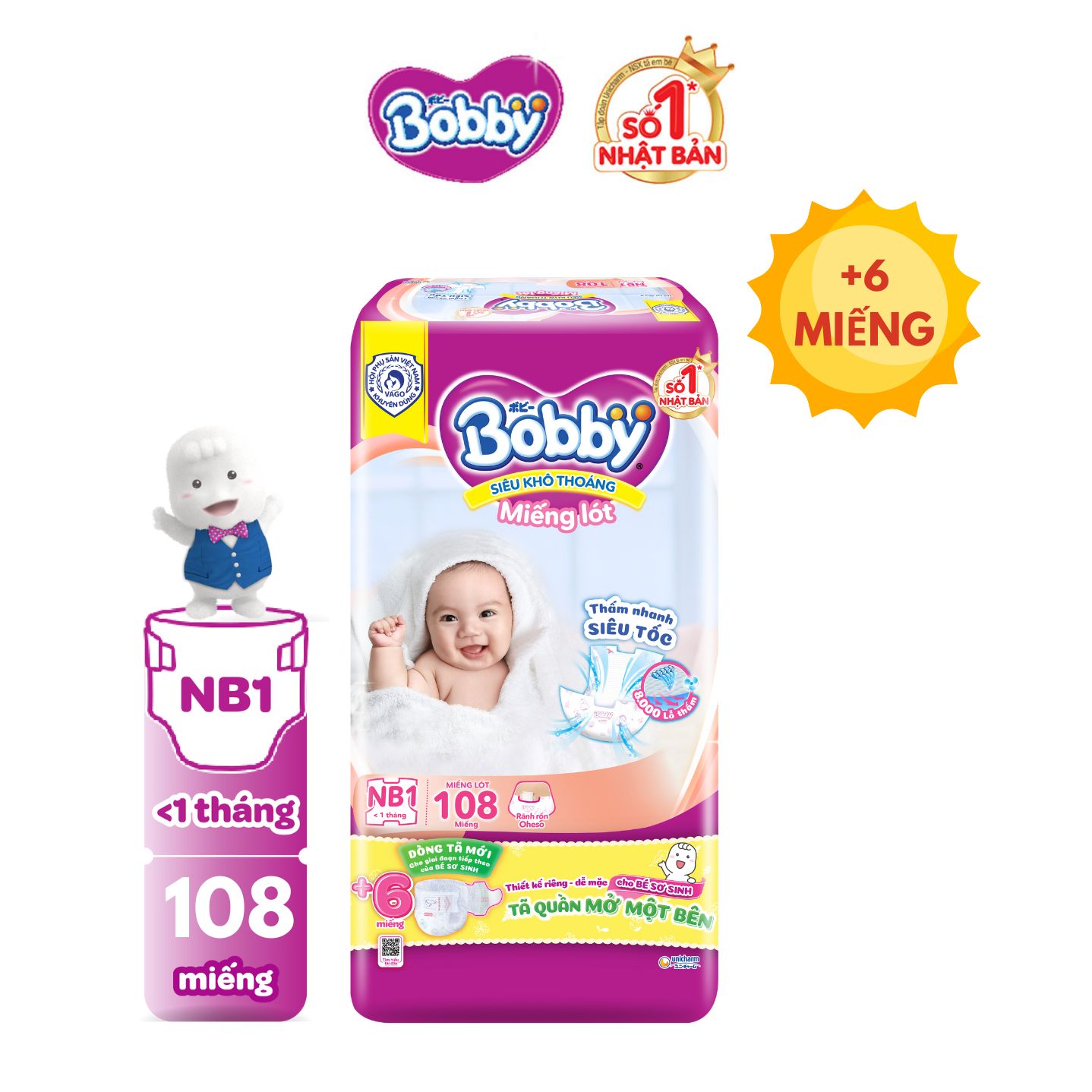 [20g 7-10.8 QUÀ TO]Miếng lót sơ sinh Bobby gói lớn Newborn 1-108 miếng (0-5kg) + Tặng kèm 6 miếng tã quần mở 1 bên Bobby size NB / NB-S
