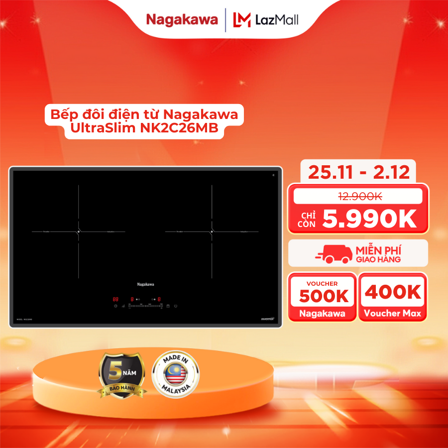 Bếp đôi điện từ cao cấp Nagakawa UltraSlim NK2C26MB - Made in Malaysia - Bảo hành 5 năm