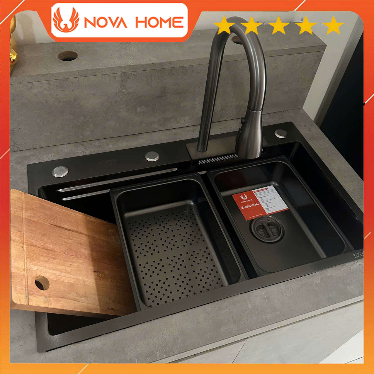 Chậu Rửa Bát 1 Hố Lớn Inox SUS304 Mạ Nano Có Vòi Rút Thác Nóng Lạnh Bồn Rửa Chén 1 Ngăn Lớn Có Vòi R