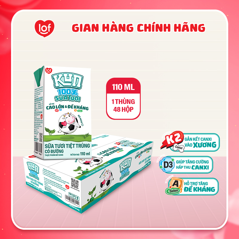 100% sữa tươi KUN có đường thùng 48 hộp x 110ml