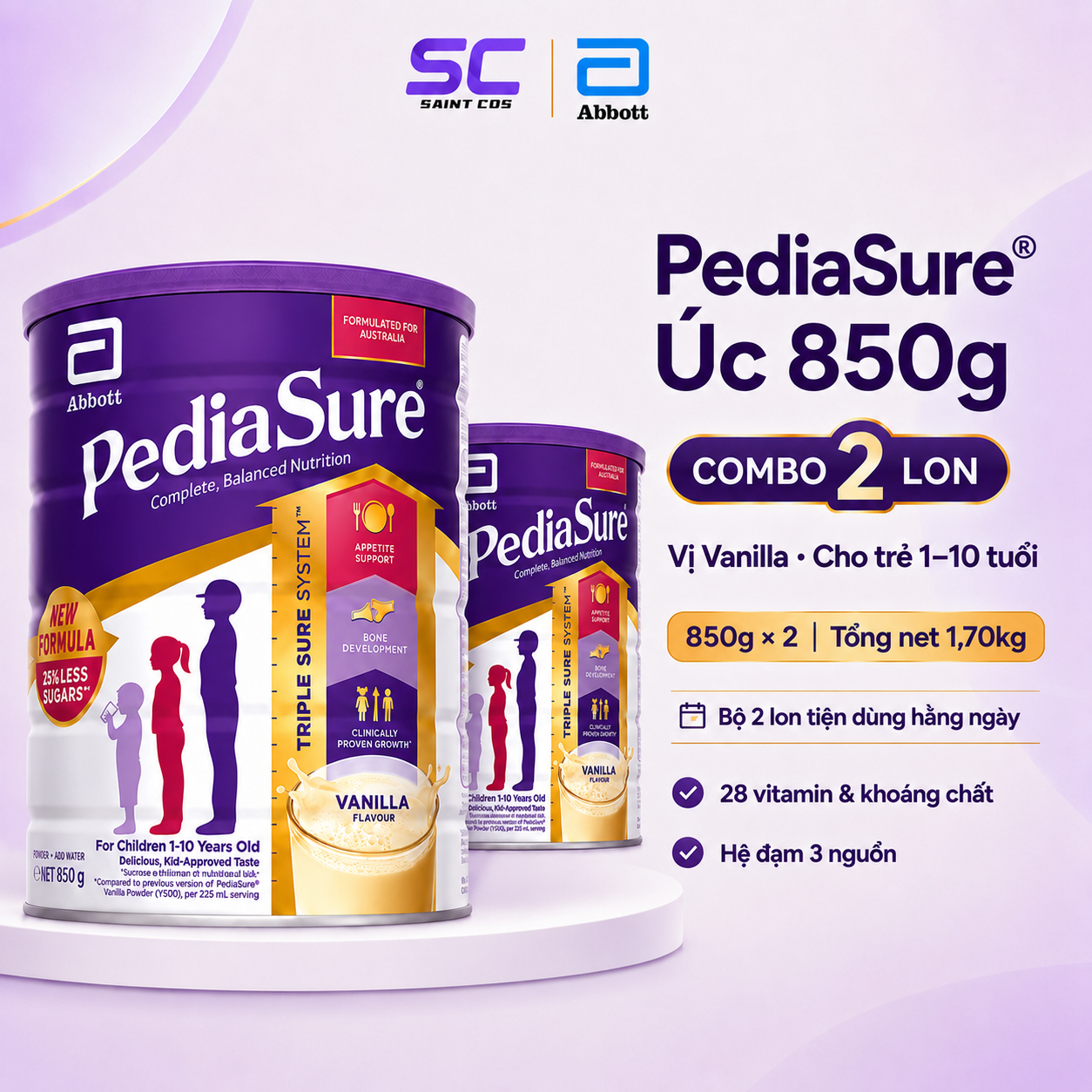 Sữa bột Abbott PediaSure Úc 850g bộ 2 lon vị Vanilla cho trẻ 1-10 tuổi dinh dưỡng cân bằng