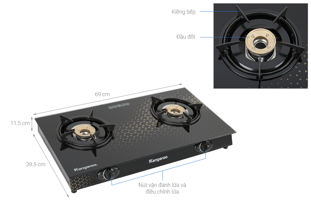 Bếp ga đôi Kangaroo KG8G1C - Kính cường lực, màu đen, tiết kiệm gas, dễ vệ sinh
