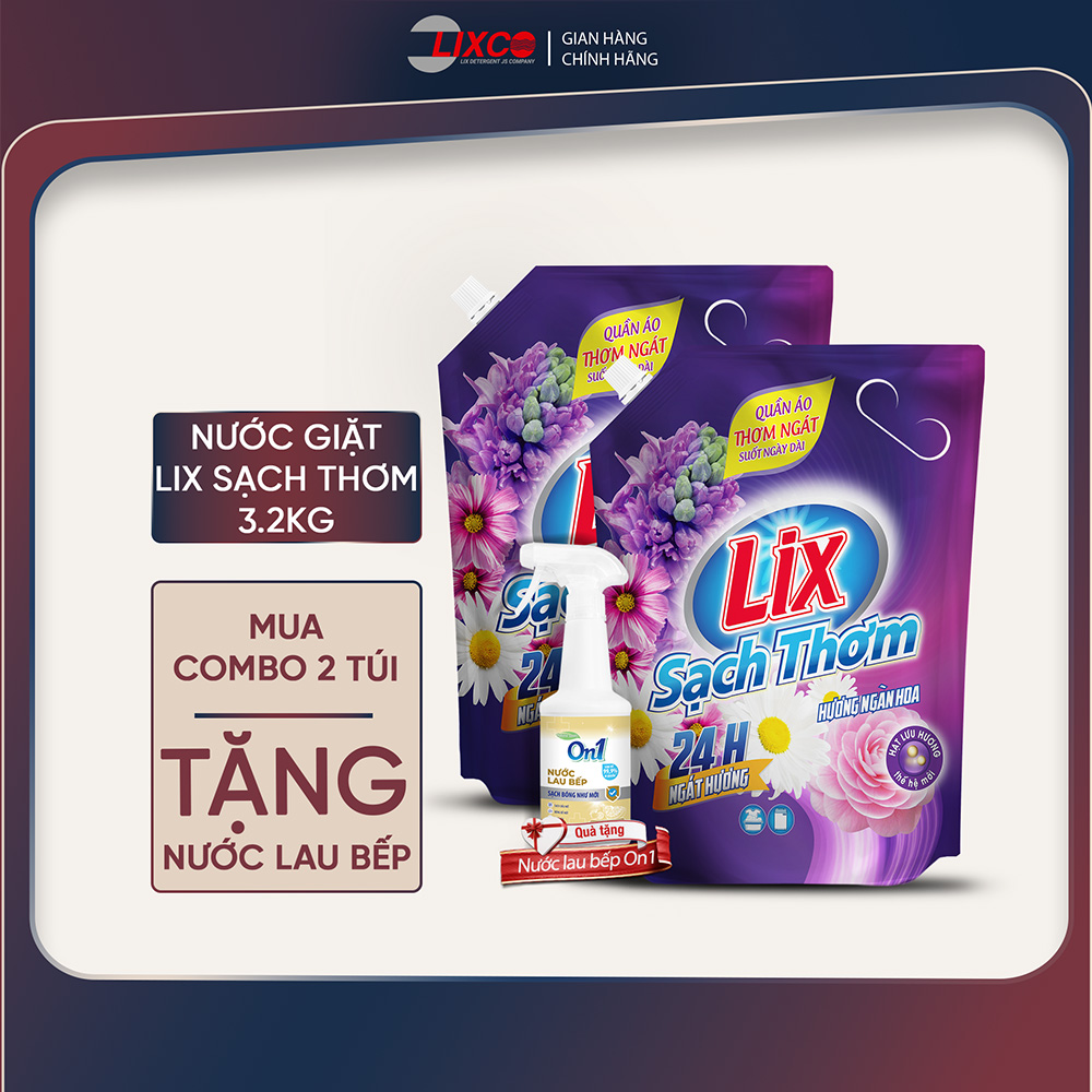Combo 2 túi nước giặt Lix sạch thơm hương ngàn hoa tặng 1 chai nước lau bếp tinh dầu chanh On1 500ml