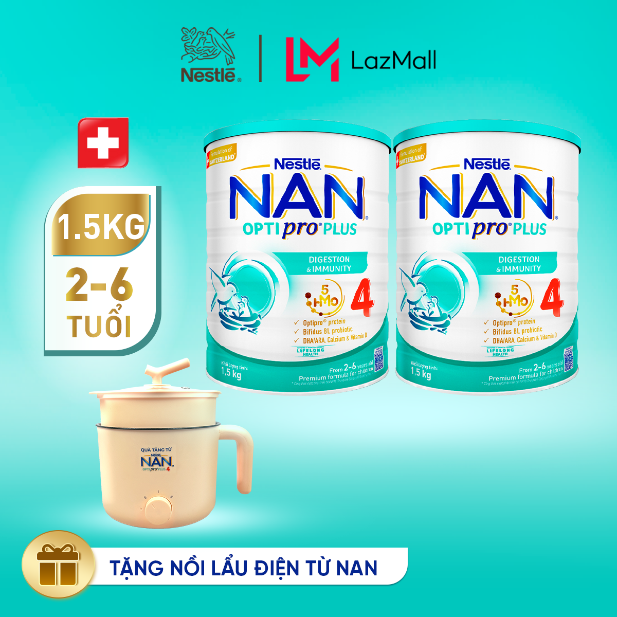 [Tặng Nồi lẩu điện] Bộ 2 lon Sữa bột Nestlé NAN OPTIPRO PLUS 4 1500g/lon với 5HMO Giúp tiêu hóa tốt cho bé từ 2 - 6 tuổi Sữa công thức dinh dưỡng cho trẻ giúp hỗ trợ tiêu hóa đề kháng trí não và phát triển toàn