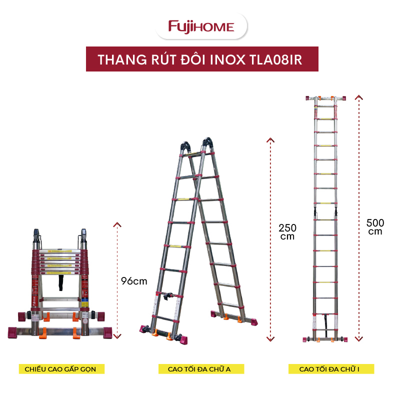 Thang inox rút chữ A Nhập Khẩu 44M - 56M gấp gọn chính hãng FUJIHOME thang rút đôi đa năng xếp gọn g