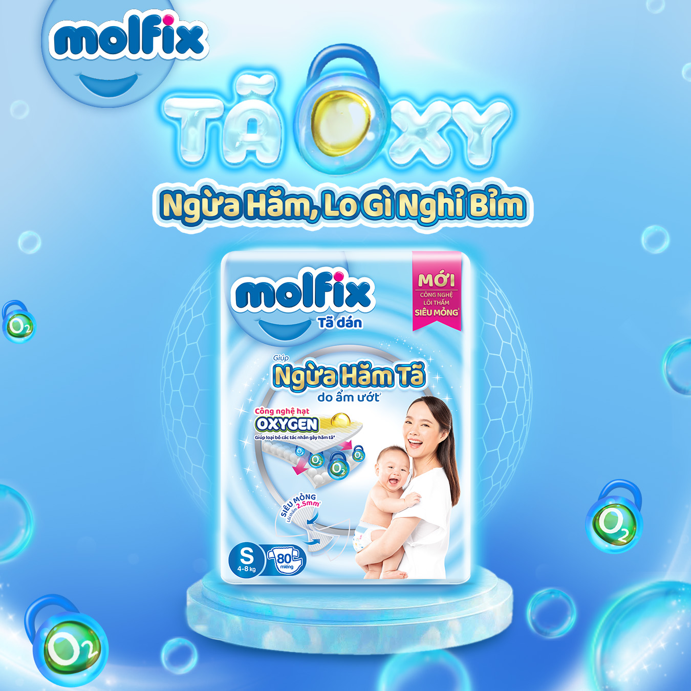 Combo 3 Tã Dán Molfix Oxygen Super Jumbo NB70/S80/M76/L68