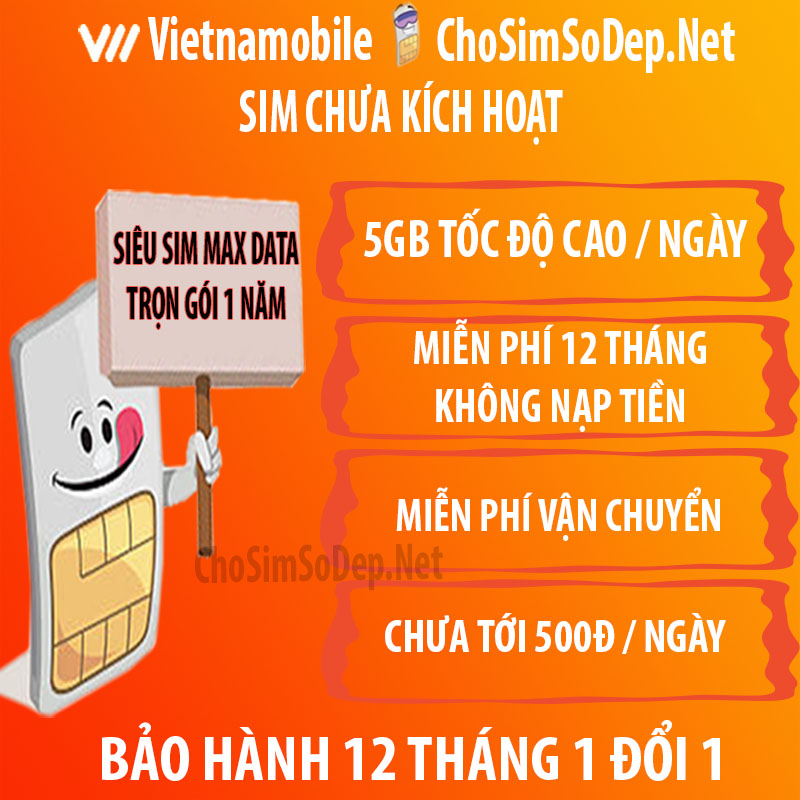 FREESHIP - CHƯA KÍCH HOẠT. SIM 4G TRỌN GÓI 1 NĂM 4GB/NGÀY TỐC ĐỘ CAO SIM 4G VIETNAMOBILE 1 NĂM KHÔNG