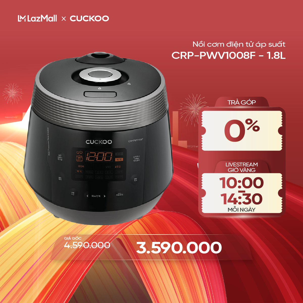 Nồi cơm điện tử áp suất Cuckoo CRP-PWV1008F 1.8L Bạc Đen