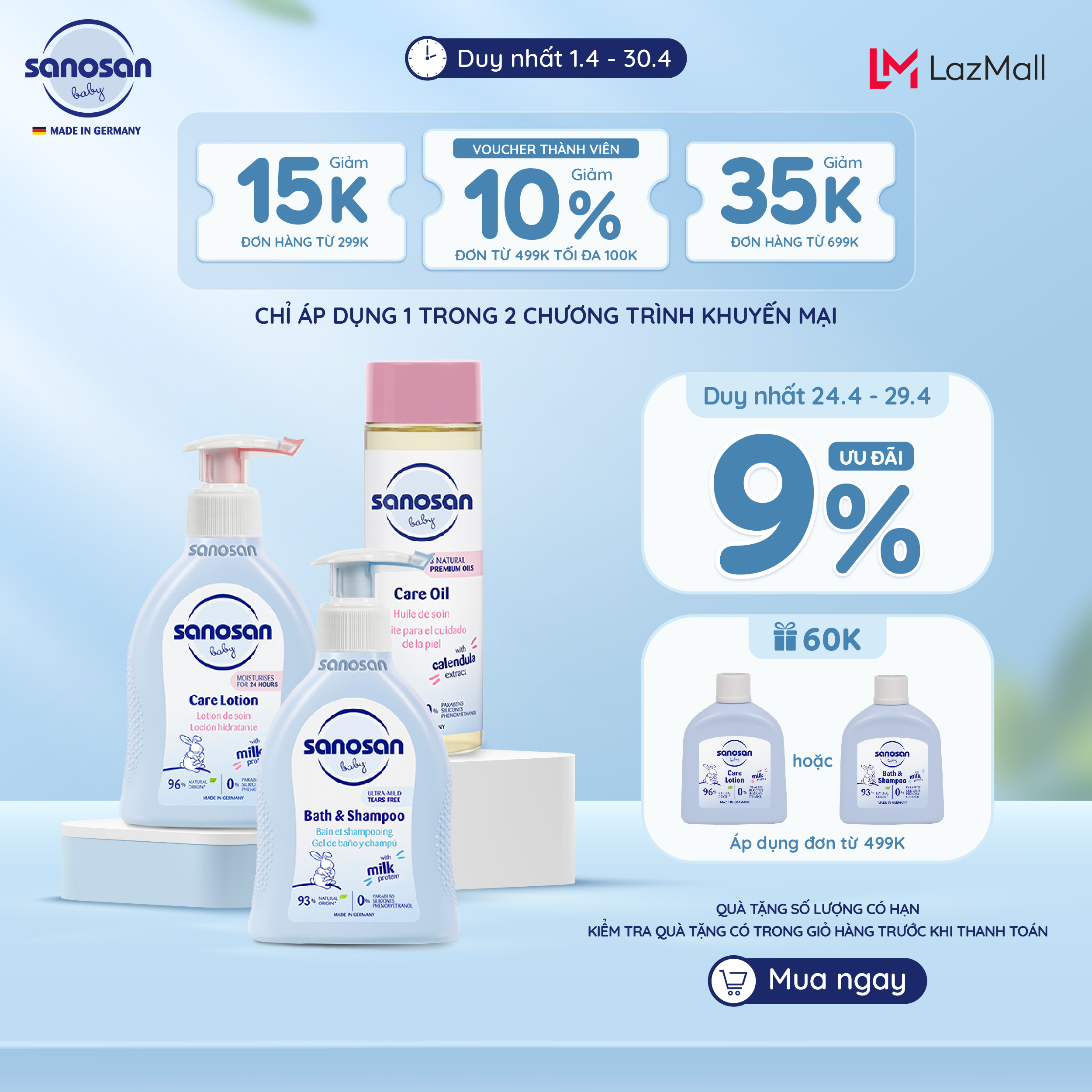 Combo 3 Sữa tắm gội Sanosan Baby bath and shampoo 200ml+Sữa dưỡng thể Sanosan Baby care lotion 200ml+ Dầu mát-xa Sanosan (HSD T06/2025)