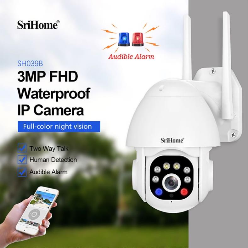 Camera IP Wifi PTZ SriHome SH039B 3.0MP FullHD+ 1296P Xoay 360 độ chống nước IP66