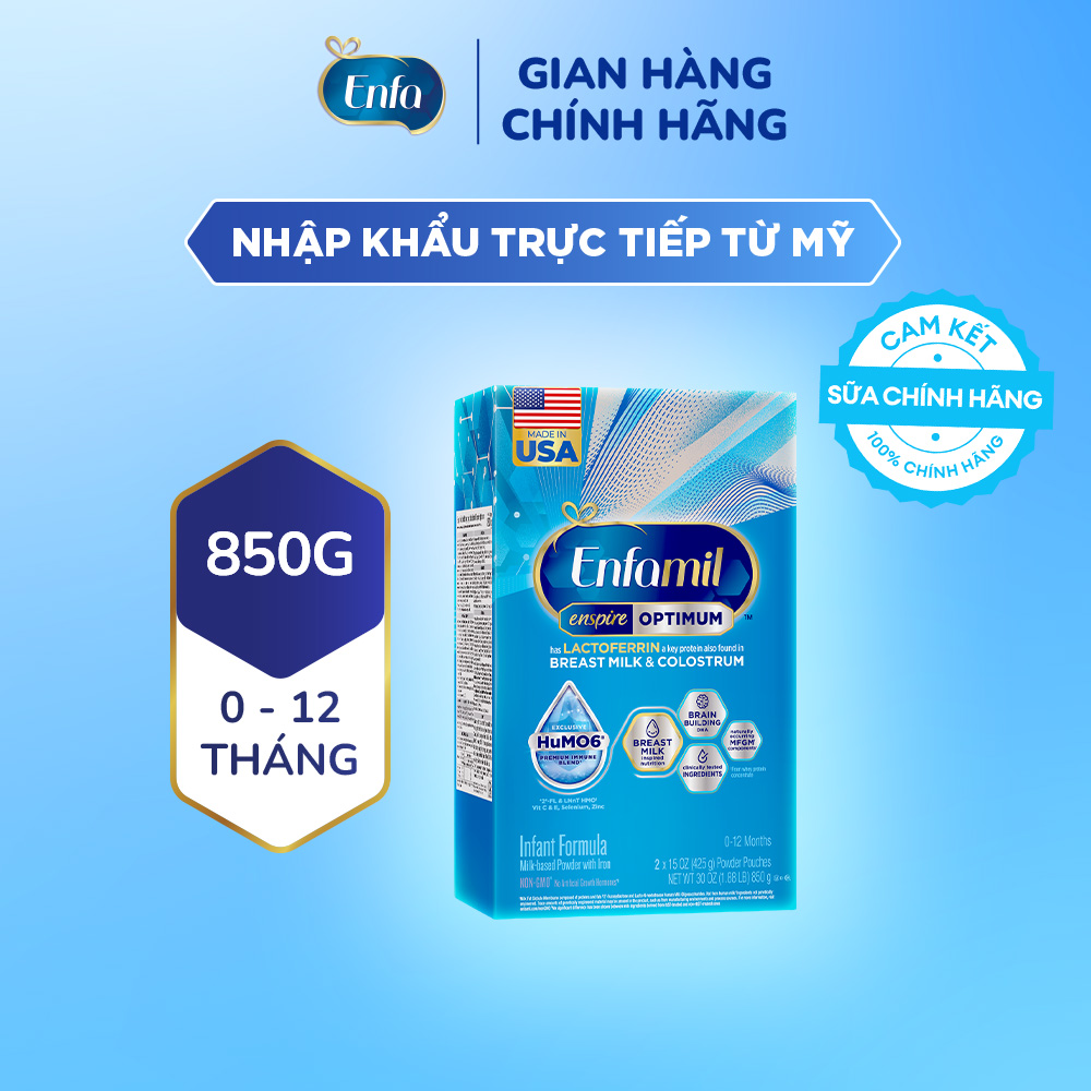 [Nhập khẩu chính ngạch từ Mỹ] Sữa bột Enfamil Enspire Infant 850g dành cho trẻ 0-12 tháng tuổi (hộp 2 túi thiếc 425g). Có chứa MFGM và Lactoferrin