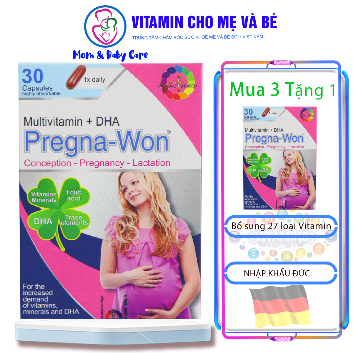 [GIẢM 50] Viên uống 27 loại Vitamin Cho Bà Bầu Pregna-Won Multivitamin + DHA hộp 2 vỉ x 15 viên nang mềm - Nhập khẩu Đức chính hãng