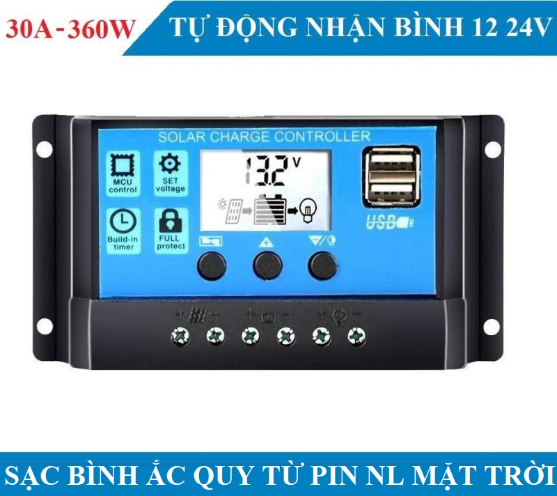 Bộ sạc bình ắc quy 12V 24V từ tấm pin năng lượng mặt trời 30A tự nhận bình điều khiển sạc năng lượng