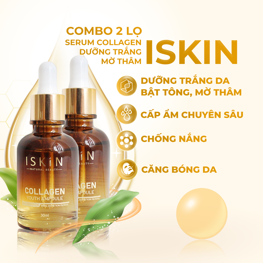 Combo 2 Hộp Serum Trắng Da Mờ Thâm Trẻ Hóa Da Cấp Ẩm Chuyên Sâu Và Chống Nắng ISKIN Collagen Youth A