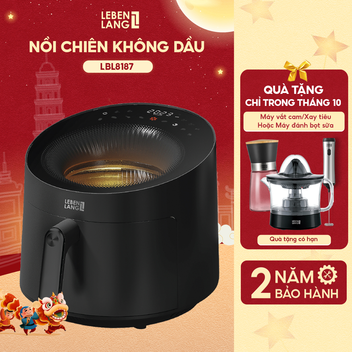 Nồi chiên không dầu Lebenlang LBL8187 1500W nồi 5L mặt kính cường lực bảo hành 2 năm - hàng chính hã