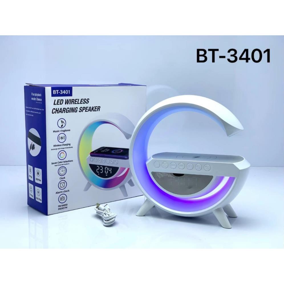 Loa bluetooth thông minh chữ G BT-3401 tích hợp sạc không dây 15w  đồng hồ đèn ngủ âm thanh vòm 360 độ bass cực mạnh hỗ trợ  USB và thẻ nhớ